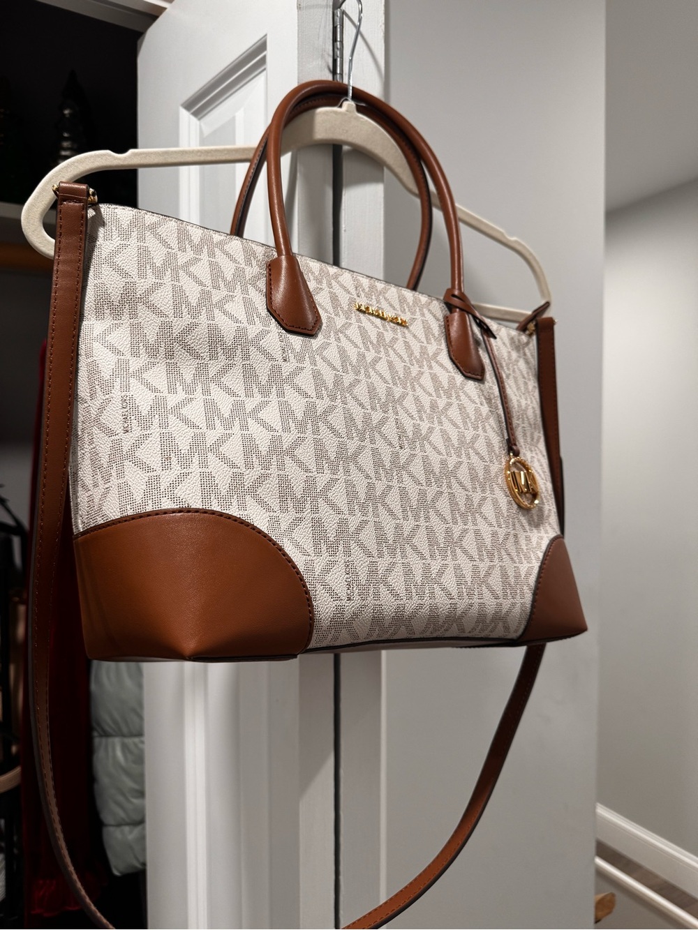 Michael Kors Cream & Brown Logo Tote with Gold Accent